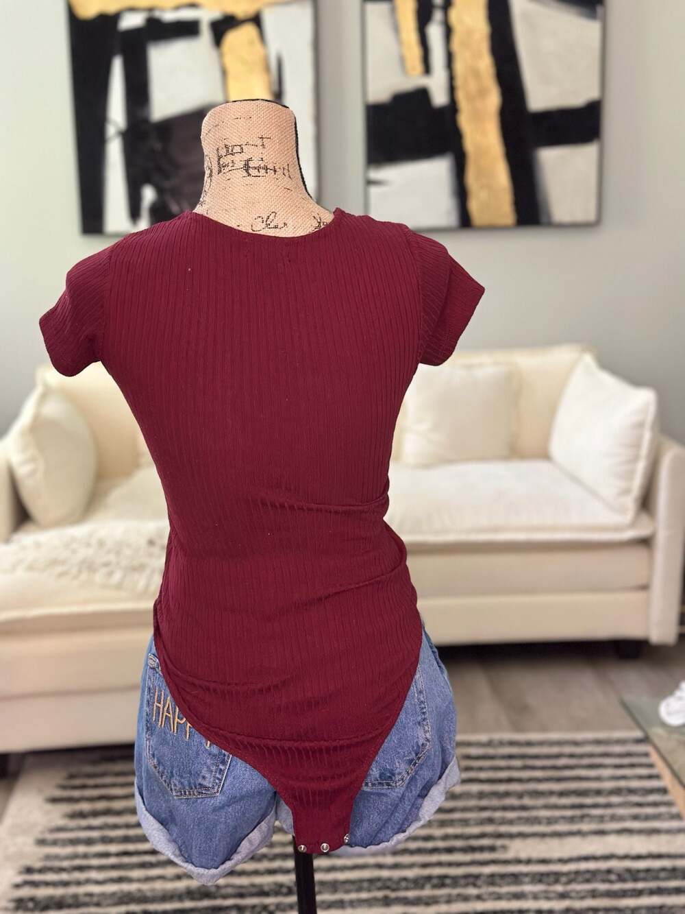 rue21 Ribbed Lace-Up Front Short Sleeve Bodysuit in Burgundy - Picture 6 of 6